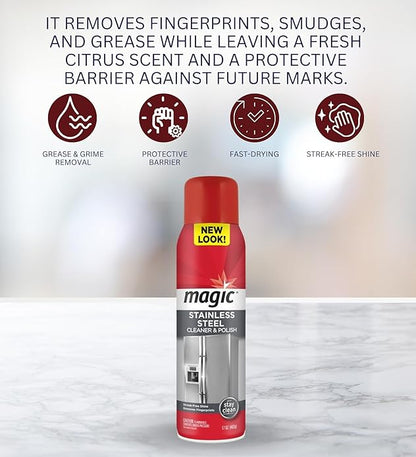 Magic Stainless Steel Cleaner & Polish Spray 17 oz Bundle with Microfiber Cloth - Foaming Formula for Easy Cleaning of Appliances, Sinks, and Chrome Surfaces - (2 Items)