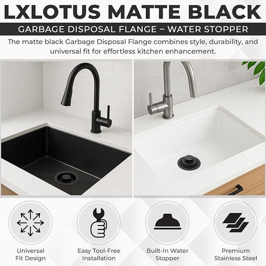 Garbage Disposal Flange Drain with Water Stopper- Universal Matte Black Stainless Steel Flange Fit 3-1/2 Inch Kitchen Sink Hole for Easy New Installation or as a Replacement Accessories Kit