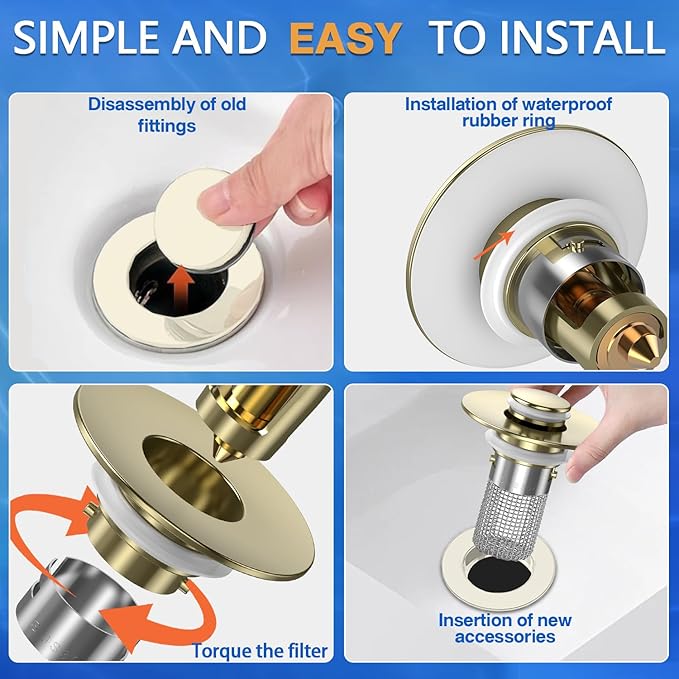 Sink Stopper Hair Catcher(2PCS), Pop-up Sink Drain Strainer with Removable Stainless Steel Strainer Basket Hair Catcher, Bathroom Sink Strainer for Bathroom Sink Stopper Replacement(Brushed Gold-2PCS)