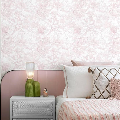 Ismoon Large Floral Peel and Stick Wallpaper Boho White/Pink Contact Paper 17.3inx16.3ft Removable Self Adhesive Bedroom Cabinet Mural Wall Decor Vinyl Roll