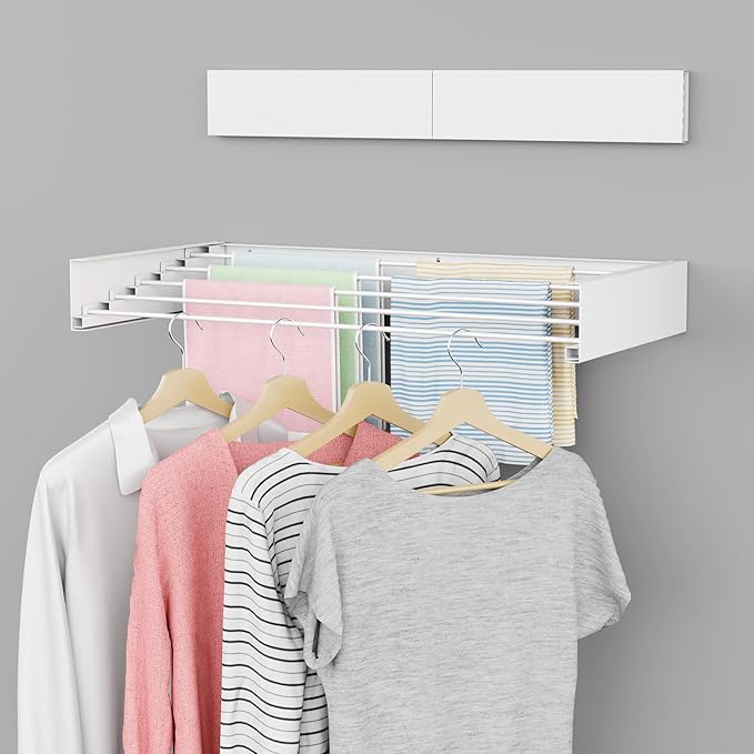 ZMBESUP Foldable Wall Mounted Laundry Drying Rack, 31.5 Inch Wide Space-Saving Clothes Drying Rack with 5 Aluminum Rods, 13.2 Linear Feet Drying Space, 60 lb Capacity,（ White）