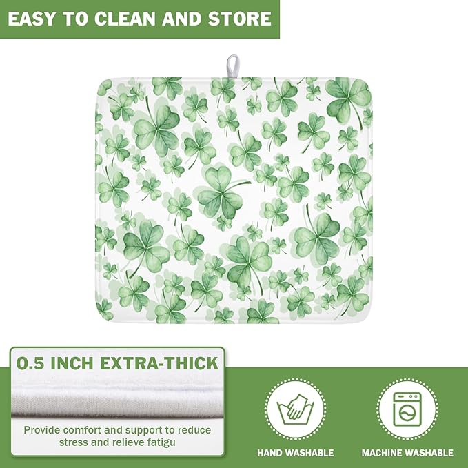St Patrick's Day Dish Drying Mat for Kitchen Counter,Green Lucky Charm Shamrocks Drying Mat 16 x 18 Inch with High Absorbent Microfiber Drainer Mat for Coffee Bar