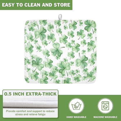 St Patrick's Day Dish Drying Mat for Kitchen Counter,Green Lucky Charm Shamrocks Drying Mat 16 x 18 Inch with High Absorbent Microfiber Drainer Mat for Coffee Bar