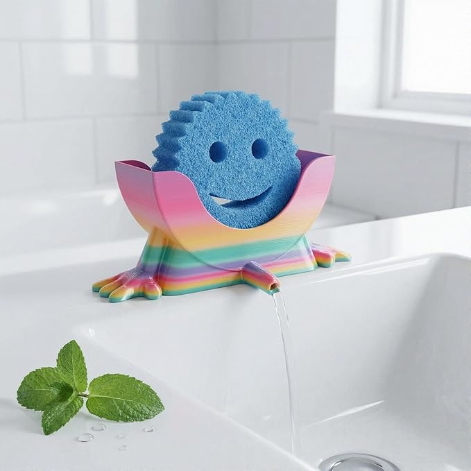 Creative Hanging Sponge Holder with Drainage/Traceless Glue, 3D Printing Countertop Funny Sponge Holders for Kitchen Sink, Keeps Your Sponge Dry & Smiling, for Scrub Daddy Holder (1, Gradient Random)