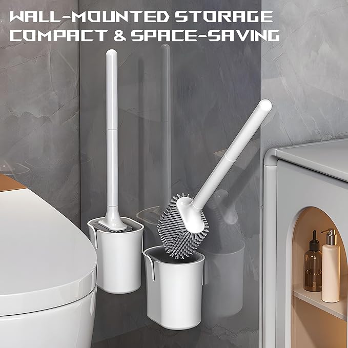 Silicone RV Toilet Bowl Brush and Holder Set, Wall Mount Camper Toilet Brush for Travel Trailer/Camper Bathrooms, Convenient for Cleaning Toilet and Cracks. (Gray-White)