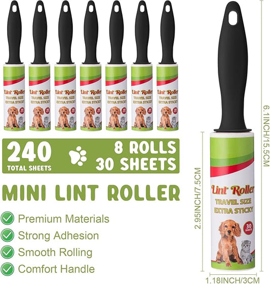 Hushee 8 Pcs Mini Lint Roller for Travel Small Lint Removers Bulk for Pet Hair and Clothes Small Size Removers Portable Sticky Removing Tool for Cleaning Furniture Dog Car Seat
