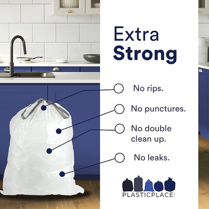 Plasticplace Custom Fit Trash Bags, Compatible with Simplehuman Code Q (50 Count), 13-17 Gallon Drawstring Garbage Liners, Heavy Duty Tear-Resistant