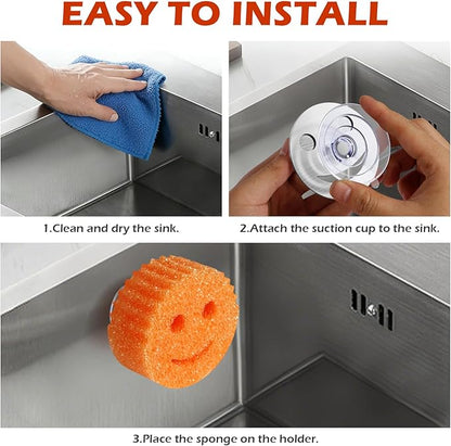 Stainless Steel Smiley Face Sponge Daddy Holder, Brushed Silver Sink Caddy Organizer with Suction Cup Installation for Kitchen, Keep Happy Face Sponge Clean and Dry