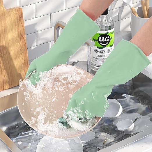 Rubber Kitchen Dishwashing Gloves - 3 Pairs Reusable Household Cleaning Gloves, Flexible and Durable & Non-slip Cleaning Gloves, Great for Kitchen, Bathroom, Laundry (Medium, Green+Blue+Grey)