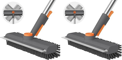 Floor Scrub Brush with Long Handle, 3 in 1 Scrape and Heavy-Duty Stiff Bristle Scrubber Brush for Cleaning Shower Bathroom, Patio, Pool, Garage, Kitchen, Wall and Deck (Gray, 2 Pack)