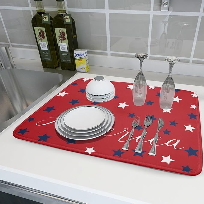 4th of July Patriotic Red Dish Drying Mat For Kitchen Counter Independence Memorial Day America Stars Microfiber Absorbent Drying Mats Reversible Kitchen Countertop Drainer Pad 18x24 Inch
