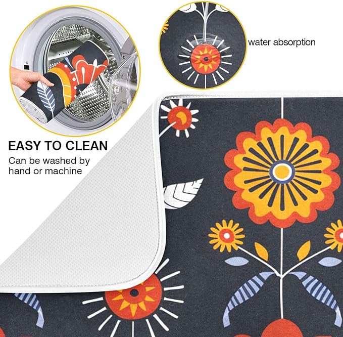 Floral Pattern Traditional Folk Art Dish Drying Mat for Kitchen Counter Absorbent Microfiber Drying Pad, Large 18x24 in, Reversible Drainer Mats