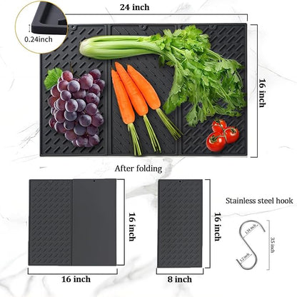 Dish Drying Mat for Kitchen Counter, Collapsible Trifold Large Dish Drainer Mat, Silicone Drying Mat with Hook, 24x16In Non-Slip Silicone Sink Mat, Easy to Clean, Black
