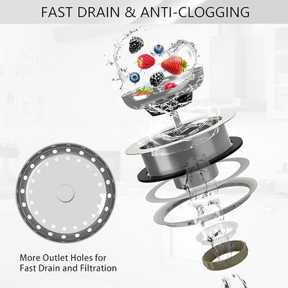 Kitchen Sink Drain 3-1/2 Inch Brushed Stainless Steel Sink Drain Strainer Assembly Kit with Sink Strainer Basket and Drain Stopper for Standard Kitchen Drains Brush Nickel Silver