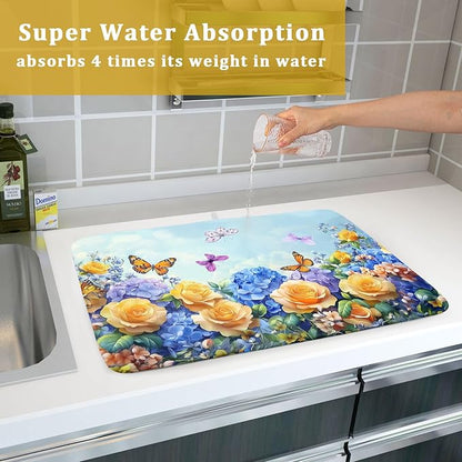 Spring Blue Yellow Hydrangeas Flowers Dish Drying Mat for Kitchen Counter,Colorful Butterflies Flying Drying Mat 18 x 24 Inch with High Absorbent Microfiber Drainer Mat for Coffee Bar