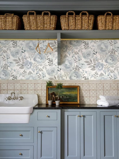 Orainege Floral Wallpaper Peel and Stick Wallpaper 17.3inx118.1in Self Adhesive Wallpaper Boho Contact Paper Removable Decorative Wall Paper for Bedroom Bathroom Shelf Liner Decor Vinyl,Blue