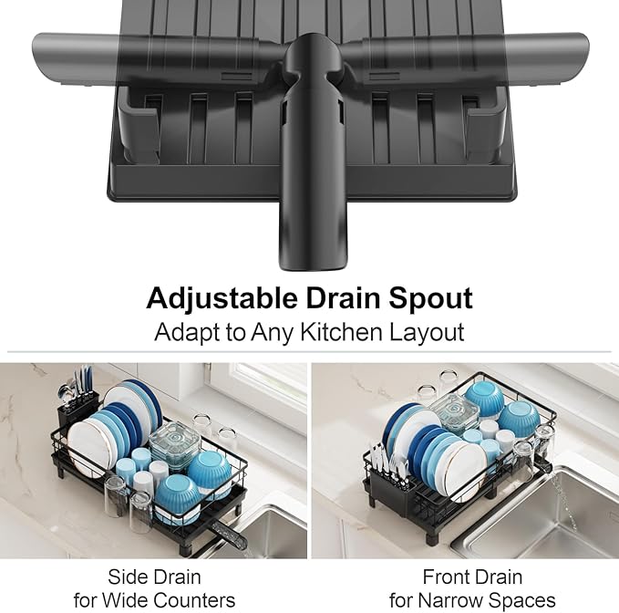 GSlife Expandable Dish Drying Rack with Drainboard, Compact Rustproof Dish Rack for Kitchen Counter, Ultra-Sturdy Space Saver with Cup Holder for Small Apartment,12.2" W x 12"-20.5" L, Black