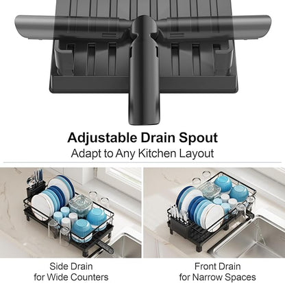 GSlife Expandable Dish Drying Rack with Drainboard, Compact Rustproof Dish Rack for Kitchen Counter, Ultra-Sturdy Space Saver with Cup Holder for Small Apartment,12.2" W x 12"-20.5" L, Black