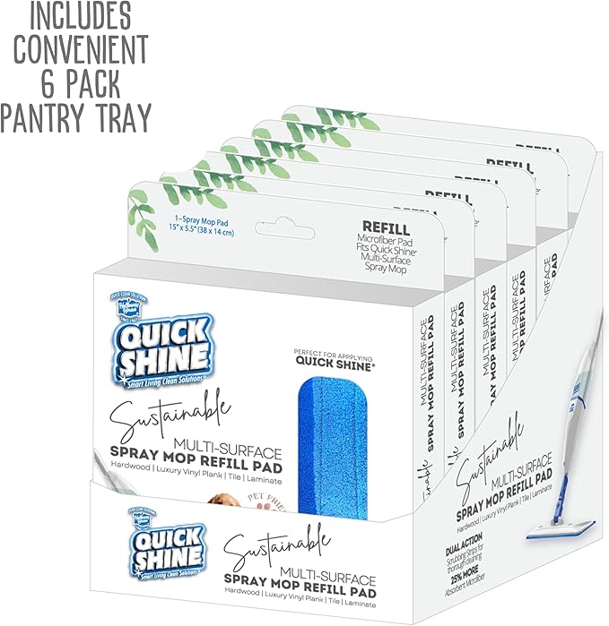 Quick Shine Spray Mop Refill Pad 6Pk 15"W x 5.5"D | Washable & Reusable | Dual Action Scrubbing Strips for Thorough Cleaning | Highly Absorbent Microfiber | Use w/Quick Shine Multi-Surface Spray Mop