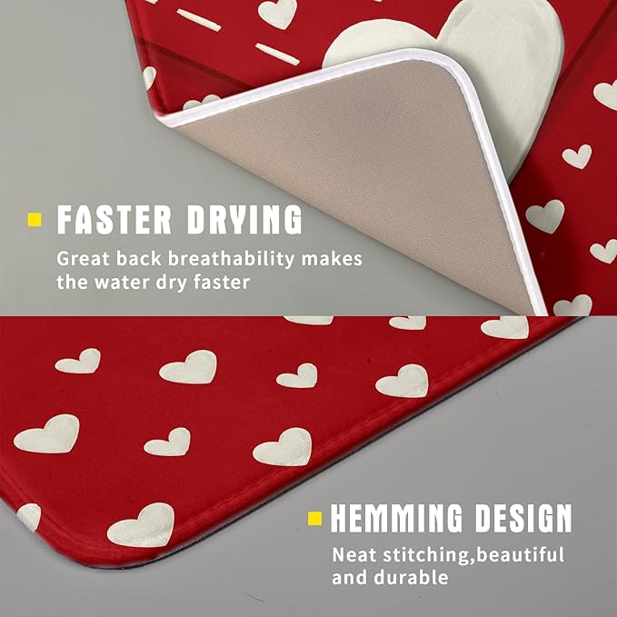 Valentines Day Dish Drying Mat for Kitchen Counter 16x18 Cream Red Love Heart Valentines Holiday Themed Absorbent Reversible Microfiber Drying Mats Kitchen Countertop Protector Dishes Drainer Pad