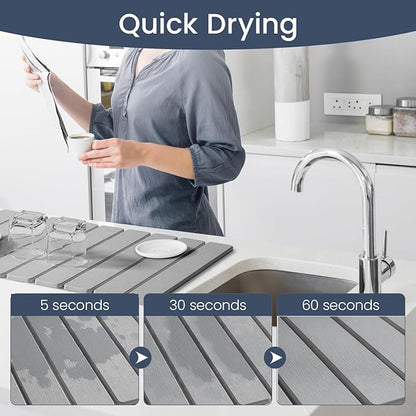Meowoo Stone Drying Mat for Kitchen Counter, 23.6"x15.3" Foldable Diatomaceous Earth Mat, Super Absorbent, Quick-Dry Bath & Kitchen Pad for Dishes, Cups, Non-Slip, Fit Any Countertop - Light Gray