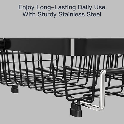 MAJALiS Expandable Stainless Steel Over The Sink Dish Drying Rack for Small Kitchen Counter Space Saving, Compact RV Plate Drainer Strainer in Black Wire Metal with Hanging Adjustable Utensil Holder