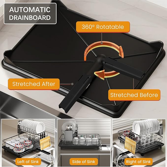 Dish Drying Rack,2-Tier Rustproof Steel Kitchen Organizer with Drainboard & Utensil Holder, Large Capacity Dish Drainer Organizer for Bowls/Cups/Bottles (MS-A-356-1)
