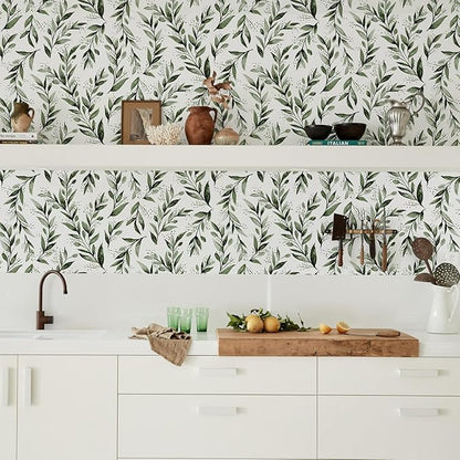 Livebor Green Leaf Wallpaper Peel and Stick Olive Leaf Contact Paper 17.7inch x 393.7inch Green Peel and Stick Wallpaper Modern Farmhouse Wall Paper for Bathroom Neutral Sage Decorative Vinyl