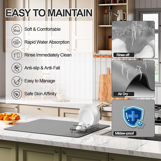 Ecotrim - Dish Drying Mat for Kitchen Counter | Coffee Bar Mat for Countertops | Heat Resistant Drainer Mat with Non-slip Rubber Backed | Hide Stain Kitchen Absorbent Draining Mat | Grey 16"x20"