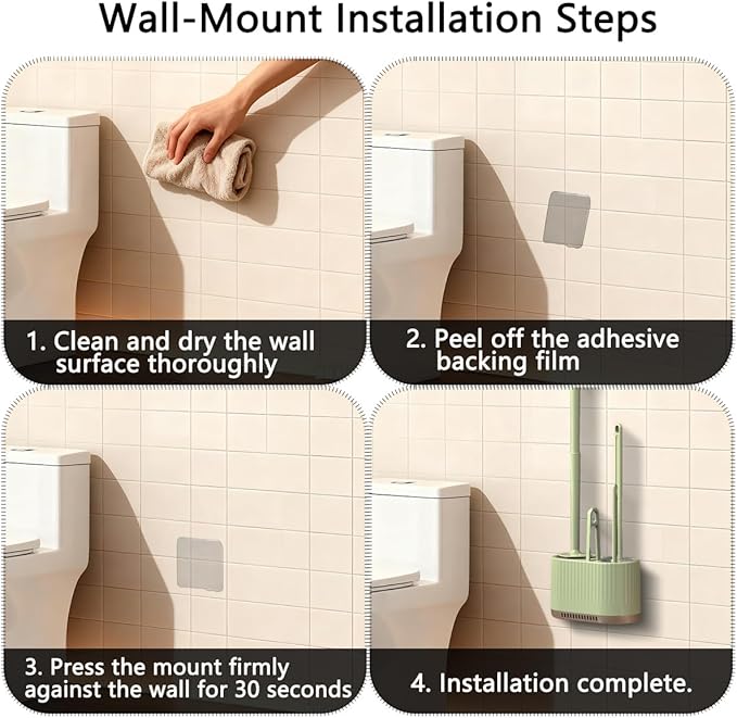 4 in 1 Toilet Cleaner Brush Toilet Bowl Brush and Holder Set Silicone Toilet Brush，Stuff Floor Standing or Wall Mounted Toilet Scrubber Without Drilling (Light Green)