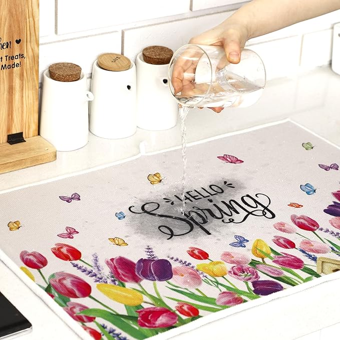 Teenyyou 4 Pcs Seasonal Dish Drying Mats for Kitchen 24"x 16" Winter Holiday Microfiber Absorbent Washable Drainer Mat for Counter Spring Summer Fall Home Accessories Decoration(Nature)