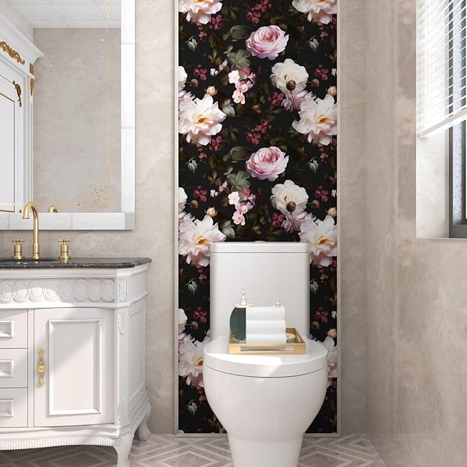 Fvlow Glowing Pink Floral Peel and Stick Wallpaper Vintage Black Wallpaper Vinyl Wrap Kitchen Worktop Covering Vinyl Self Adhesive Leaf Contact Paper for Cabinets Drawers Sticker Decor 17.4" x 118"