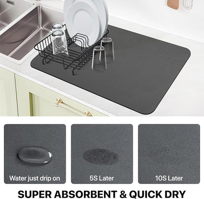 Dish Drying Mat for Kitchen Counter-Coffee Mat Bar Accessories,Super Absorbent, Hide Stain, Nop-Slip Rubber Backed, Fit Under Coffee Maker, Pot, Dish Rack, 16"x24", Dark Grey