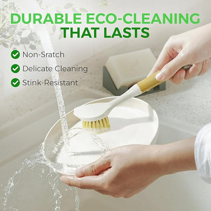 Bamboo Dish Brush Set of 2 - Dishwasher Brush w/Handle Made of Wheat Straw & Sisal Bristles - Non Scratch Kitchen Scrub Brush for Dishes, Pots & Pans - Dish Scrubber w/Plastic Free Bristles