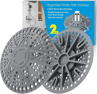 Shower Drain Hair Catcher | 2 Pack 5.5in Large Premium Silicone Drain Protector Strainer | Bathroom Essentials Shower Drain Cover for Shower Room, Floor Drain, Bathroom Sink-Grey
