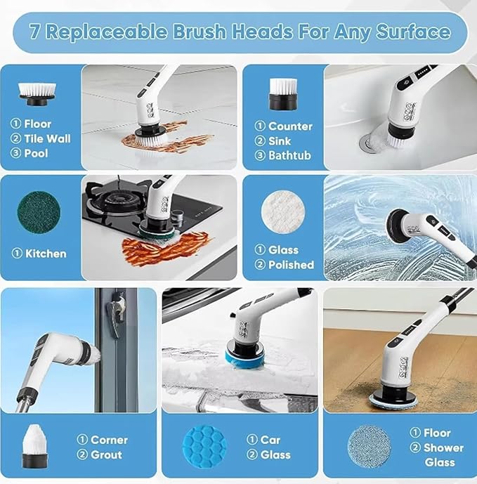 7-in-1 Electric Spin Scrubber with Long Extension Handle, Cordless Cleaning Brush with 2 Speeds, Power Scrubber with 7 Replaceable Brush Heads for Floor Tile,Bathroom,Shower Bathtub,Glass,Car etc.