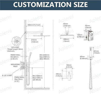Aolemi Shower Faucet Set Rain Shower System with Handheld Spray Bathroom Shower Combo Rough-in Valve and Shower Trim Kit Included Brushed Gold 16 Inch Wall Mount Shower Head