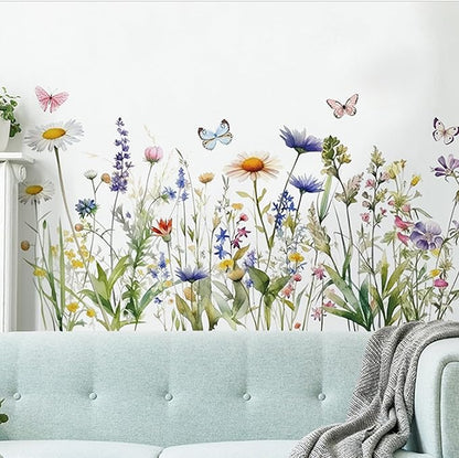 Wildflower Grass Daisy Wall Decals, Garden Floral Butterflies Flower Wall Stickers, BWCXXZH Self-Adhesive Wall Art Stickers for Girls Bedroom Living Room Nursery Decor