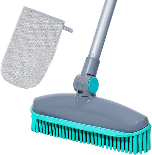 180°Rotating Head Rubber Broom with Squeegee for Pet Hair Removal - 51" Iron Handle Fur Remover Rake Brush for Carpet, Hardwood & Tile Floors, Includes Pet Hair Removal Gloves (Blue)