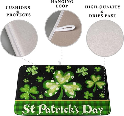 Happy St. Patrick's Day Kitchen Drying Mat Green Plaid Lucky Shamrock Clover Dish Drying Mat St Patrick's Day Super Absorbent Dish Dry Pad Microfiber Dish Drainer Mats for Kitchen Counter 18x24 Inch