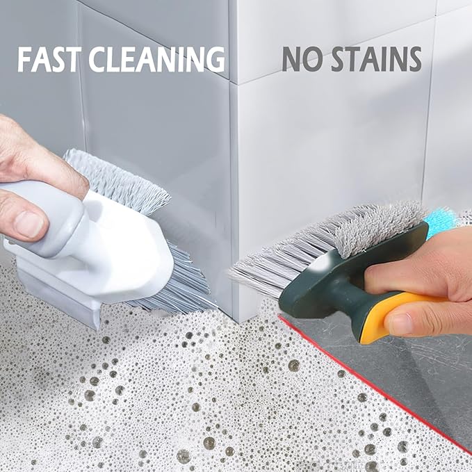 4 in 1 Grout Cleaning Brush with Scrape, V Shape Grout Cleaner Brush for Tile Floors, Tile Grout Brush with Stiff Bristles for Shower, Bathroom, Corner, Baseboard, Kitchen, Household - Green