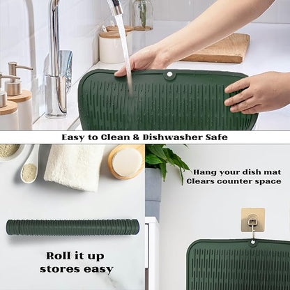ZLR Large Silicone Dish Drying Mat (16" x 18") - XL Heavy Duty Drainboard Mat for Pots, Pans & Family Loads - Heat Resistant Trivet & Counter Protector, Easy Clean (Dark Green)