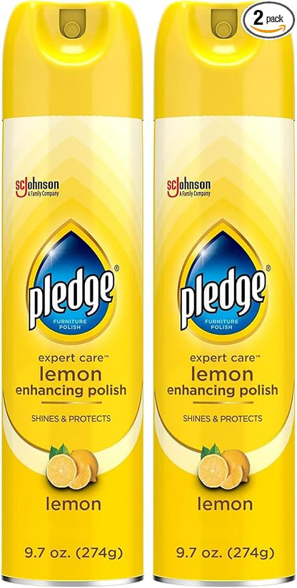 Pledge Enhancing Polish Spray, Wood Furniture & Stainless Steel Polish, Remove Dust and Fingerprints, Fast Shine and Protect, Prevent Scratches & Knicks - Lemon Scent, 9.7oz, Pack of 2