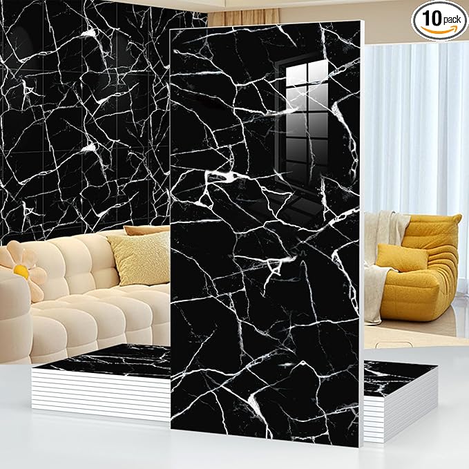 Chejiaye 10pcs Marble Peel and Stick Waterproof Wall Panels,Heat-Resistant Backsplash Tile, 23.6"x11.8" PVC Foam Wall Sticker for Kitchen,Living Rooms,TV Walls,Black (Not Real Tile 19.4Sq. Ft.)