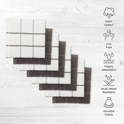 100% Cotton Terry Dish Cloth & Dish Towel, 8 Pack, Super Soft and Absorbent Kitchen Towels, Perfect for Kitchen Cleaning and Dish Washing (Grey (Solid and Checks) 8 Pack)