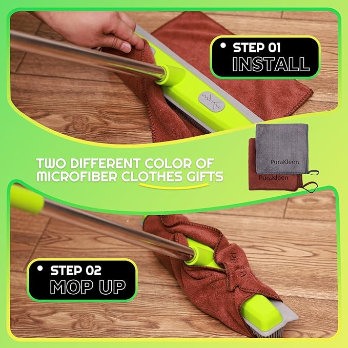 Carpet Rake,Rubber Broom for Pet Hair Removal with 61" Long Handle,2 Microfiber Cloths, Built-in Squeegee & Pet Brush, 4 in 1 Hair Remover for Rugs, Carpets,Tiles,Couches - Green