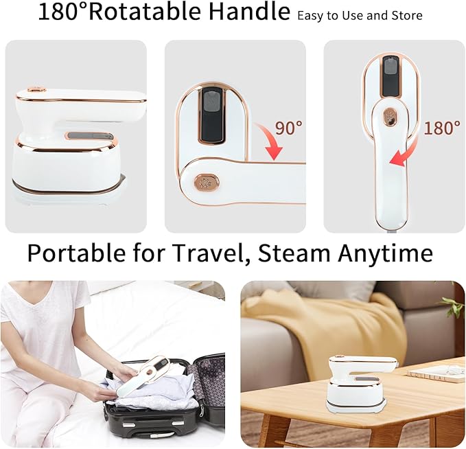 1000W Travel Steamer for Clothes, Portable 2-in-1 Handheld Steamer & Iron, 20s Fast Heat-Up, Sharp-Corner Detail Panel, Foldable 180° Handle, Compact for Home & Travel (Pearl White)
