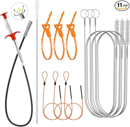 11in1 Drain Snake Set with 24 inch Magnetic Sewer Cleaning Hook, 25 Inch Sink Snake Drain Tool, 34 inch Steel Snake Drain, 59 Inch Tube Drain Brush, 18inch Cleaning Brush for Toilet, Kitchen Sink