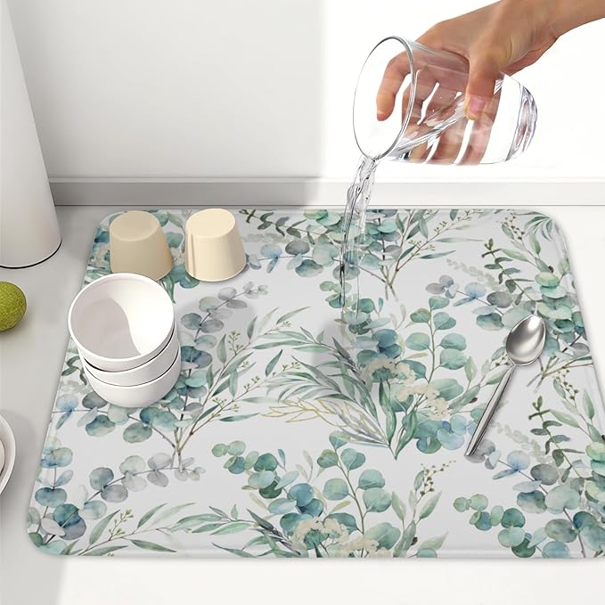 Spring Sage Green Leaves Dish Drying Mat for Kitchen Counter Watercolor Eucalyptus Leaf Drying Mat 16x18 Inch Rustic Farmhouse Absorbent Dish Drainer Mat Kitchen Accessories