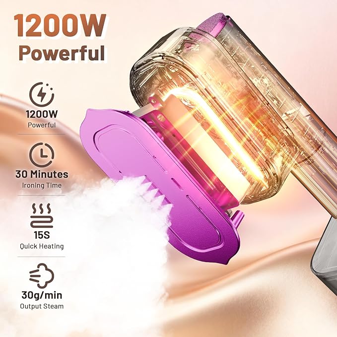 Steamer for Clothes, 2 in 1 Clothes Steamer Handheld, Travel Iron, 6-Level 1200W Steam Iron with LED Display, 15s Heat Up, Detachable Water Tank, Suitable Home and Travel, 120V